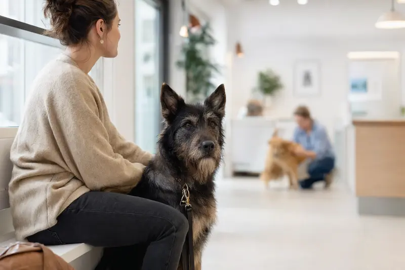 Ein bosnisch-herzegowinisch-kroatischer Schäferhund sitzt ruhig neben seinem Besitzer im hellen Wartezimmer einer modernen Tierarztpraxis.